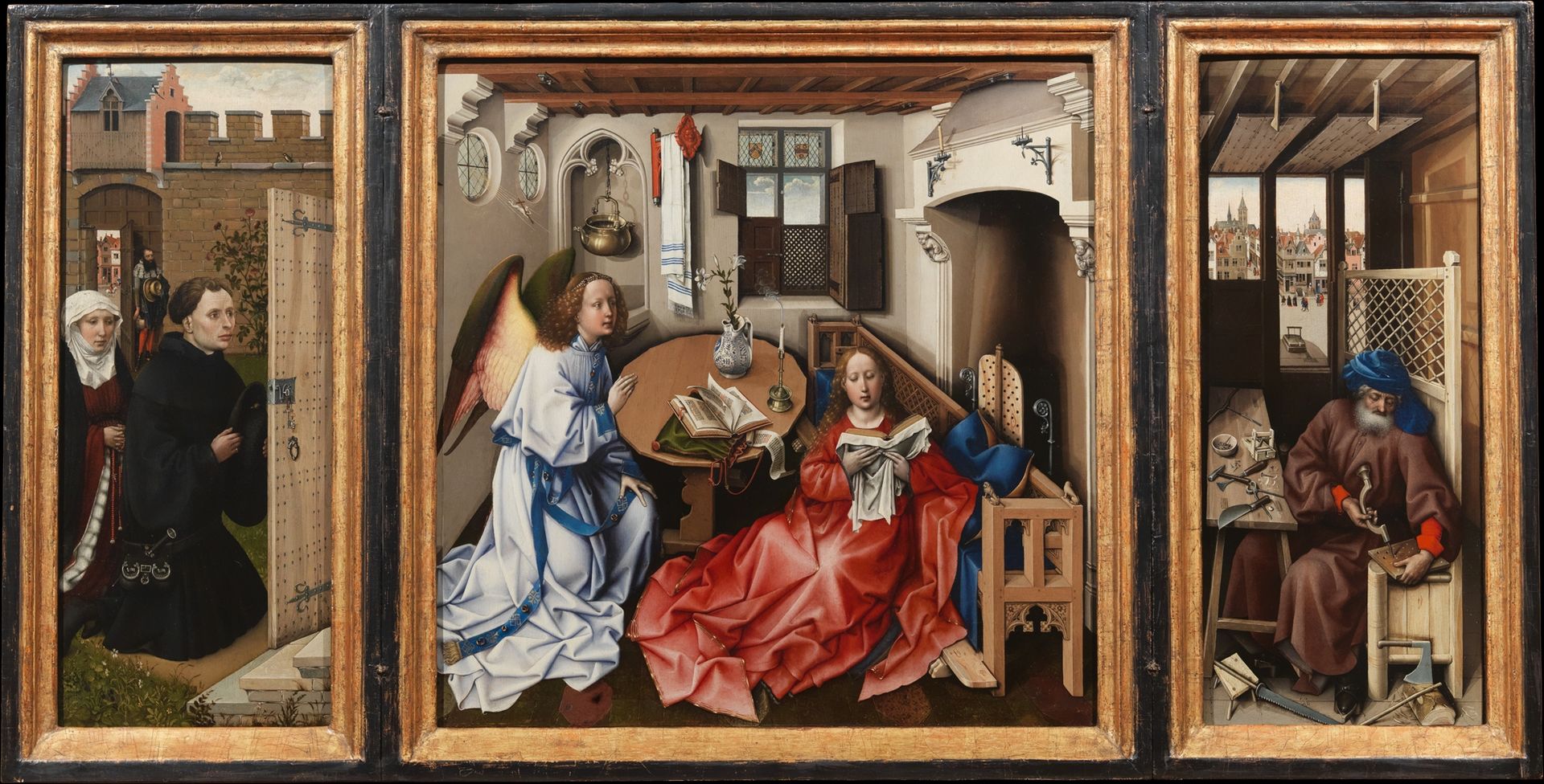 Robert Campin, Annunciation Triptych (Mérode Altarpiece) (1427-1432) oil on wood
