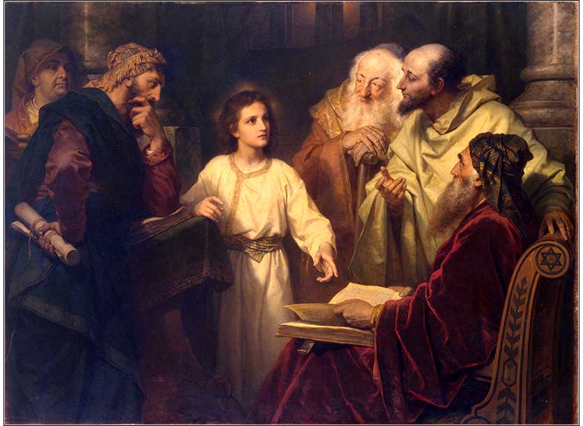 Jesus in the temple learning from the teachers of the law and priests through discussion, painting by Hoffman